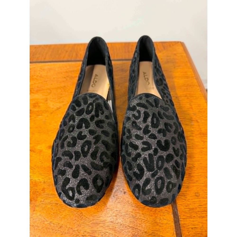 New Aldo Womens 7 Black Leopard Print Glitter Loafers Metallic Heel Flats